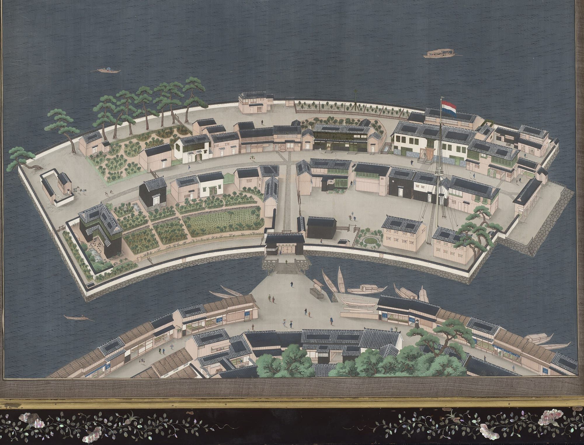 A 19th-century painting of Dejima, the Dutch trading post in Nagasaki harbour, with the Dutch flag flying over the island